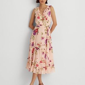 Ralph Lauren Dress - Pink Floral Crinkled Georgette Dress - 14P petite